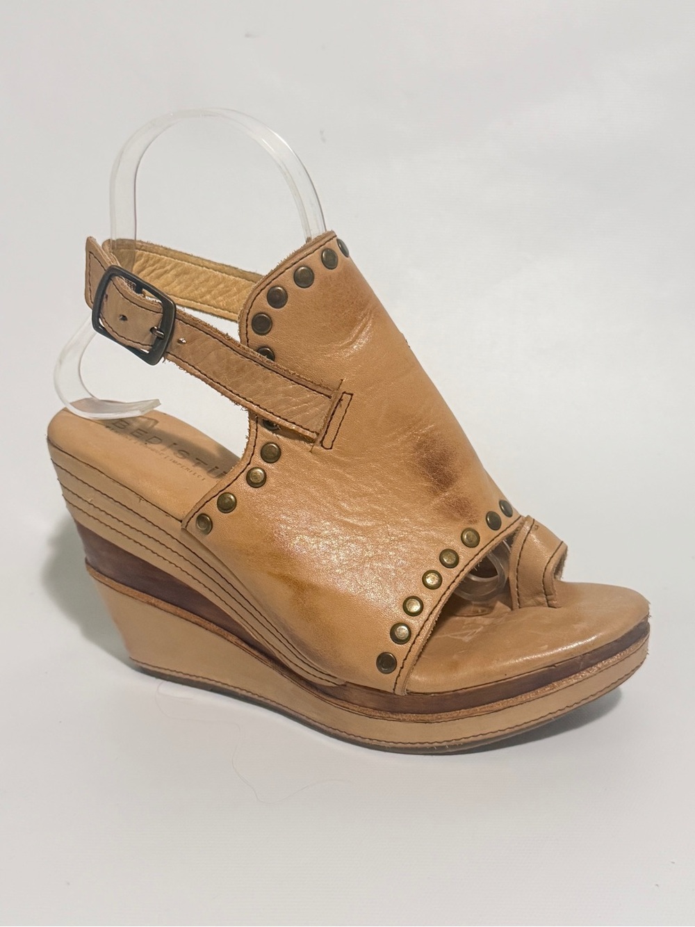 Bed Stu Joanne Brown Leather Studded Platform Wedge Sandals Size 8.5